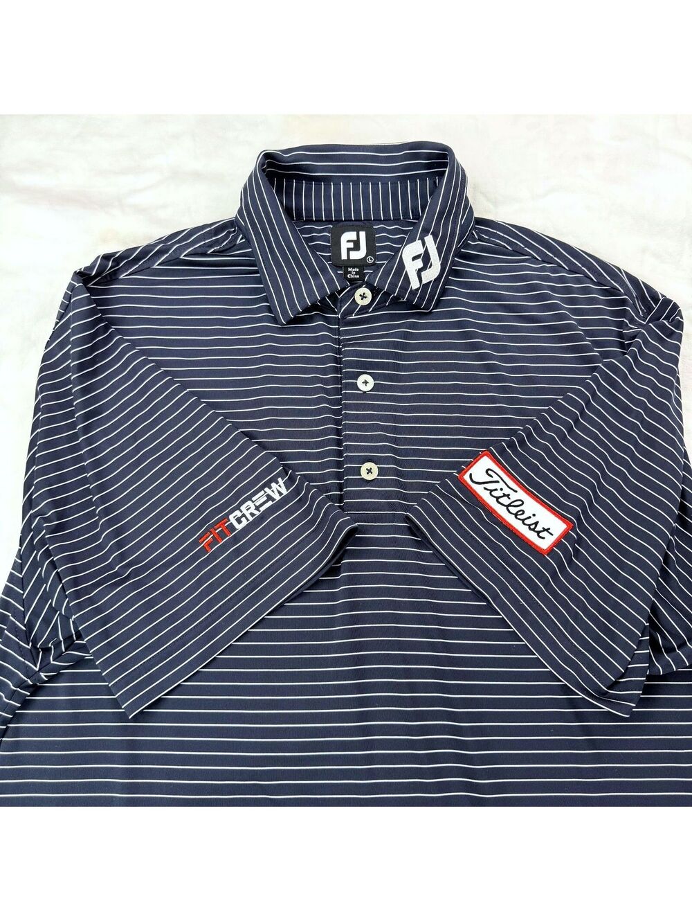 FootJoy Titleist FITCREW Mens L Navy White Pencil Stripe Golf Polo Staff FJ